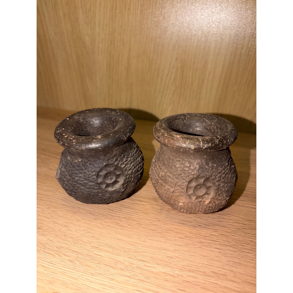 Vintage Rustic Textured Clay Miniature Pots Set of 2 Dark Earthy Vases